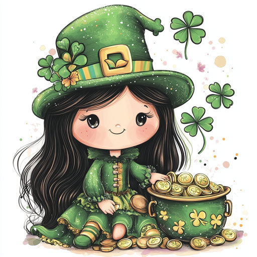 Little girl in green with Irish hat and pot of gold coins