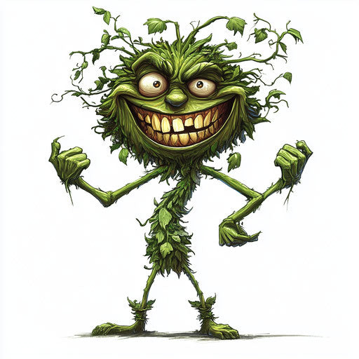 Humorous caricature of a bush clipart with human traits, exaggerated smile, thin arms, dancing, vibrant colors, cartoon style, angry, high resolution, no background, isolated -c 40