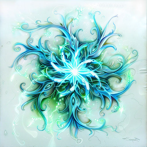 Dynamic tattoo sketch of a swirling snowflake in clipart style, highlighted with neon green and blue