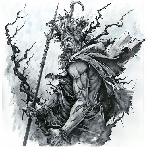 Detailed black and grey tattoo of Hades, Greek god of the underworld, with a scepter