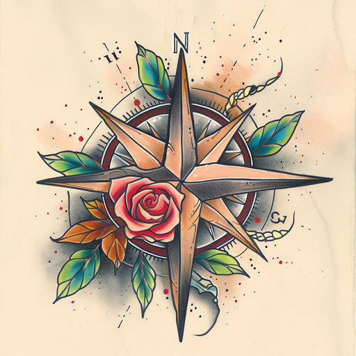 Sketch of a traditional wind rose and map tattoo design, symbolizing adventure, in vintage colors, on a clean white background