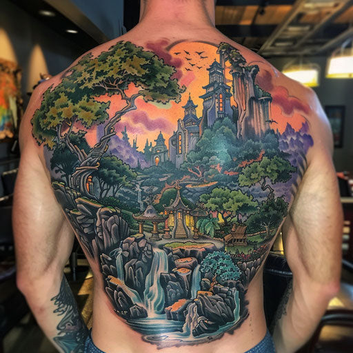 Fantasy landscape cover up tattoo in the style of David Palumbo