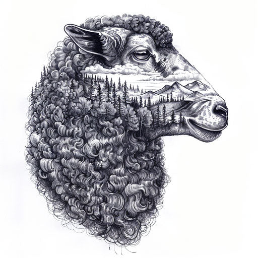 Realistic drawing of a black sheep with detailed landscape tattoo
