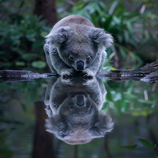 Koala and its reflection in a serene water body, doubling the tranquility of the scene