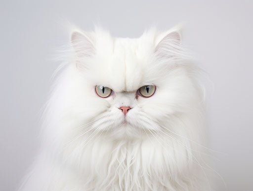 White cat sitting on white background, exaggerated features, persian miniature