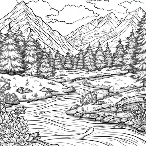 Serene mountain landscape with a winding river - Coloring page