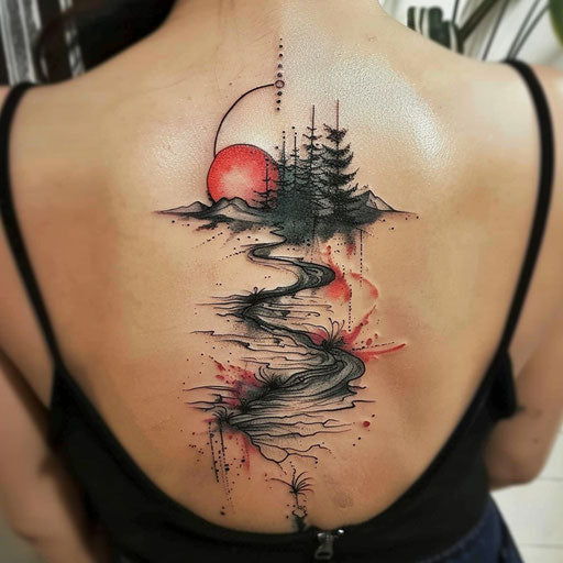 Elegant flat tattoo sketch with watercolor effects of a serene river in hell under a crimson sky