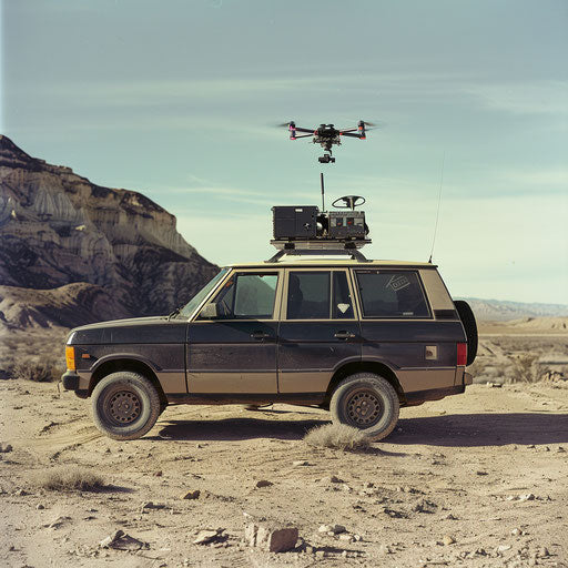 Off-road vehicle with drone launch pad and aerial photography gear