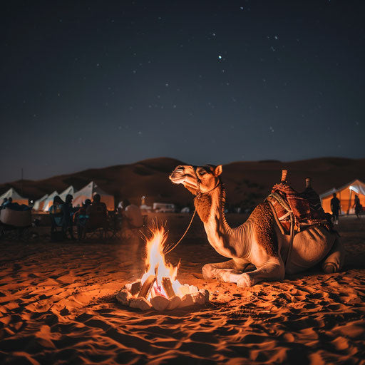 Camel lit by campfire in desert night