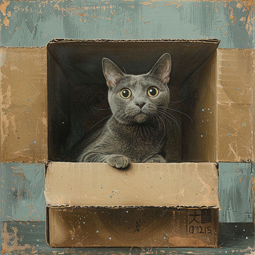 Gray cat in cardboard box, contained chaos