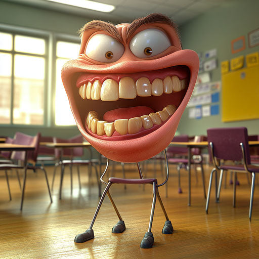 Humorous caricature of classroom background with exaggerated human characteristics