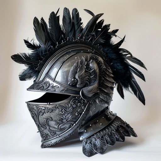 Gothic knight helmet with raven feathers on white background