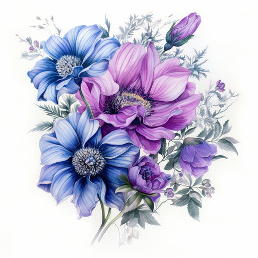 Blue and purple flowers on white background, tattoo style, pencil