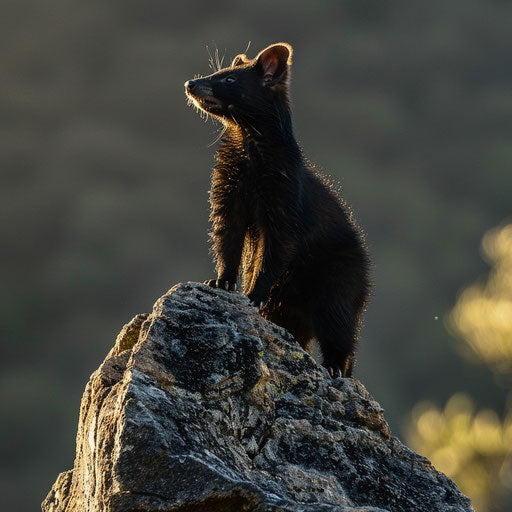 Solitary Tasmanian devil perched on rocky outcrop, surveying territory under early morning sun.
