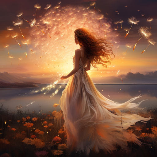 Beautiful image of a girl in white dress in front of a dandelion at sunset, illusionistic art style, animated gifs