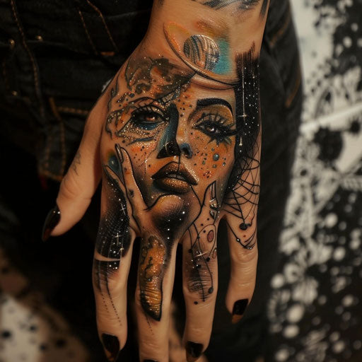 Surreal hand tattoo for women with cosmic elements