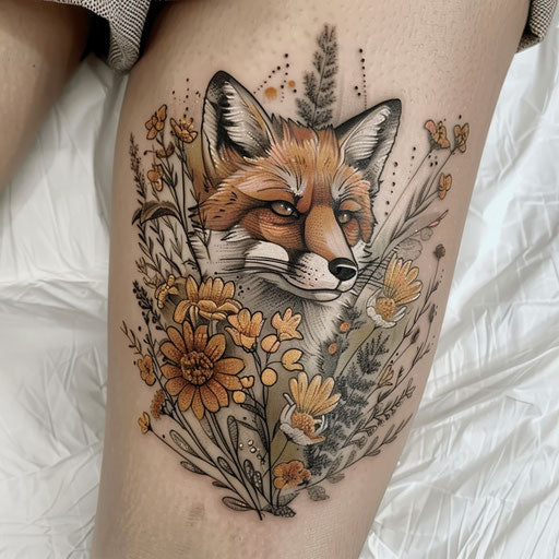 Wildflower tattoo with fox, earthy tones, detailed animal