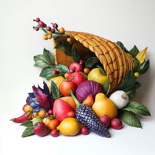 Paper cornucopia overflowing with handcrafted fruits and vegetables