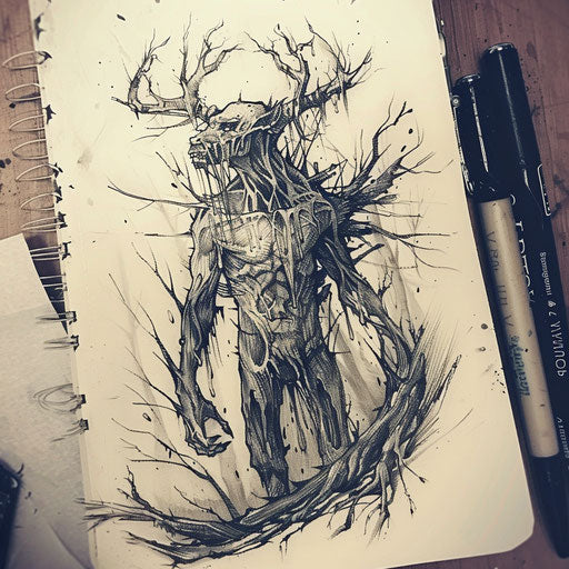 Nature-inspired flat tattoo sketch of a Wendigo lurking in a dense, dark forest