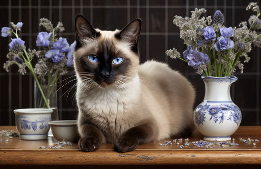 A siamese cat with blue eyes sits on a table, dark and light style