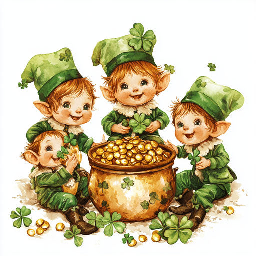 Saint Patrick's Day, cute baby leprechauns by pots of gold and shamrocks