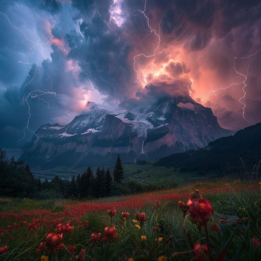 Raw power of nature: thunderstorm over the Eiger, lightning illuminating