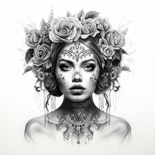 Black and white drawing of a girl with skull makeup