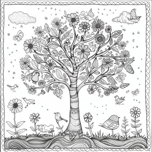Whimsical tree with flowers and birds in springtime