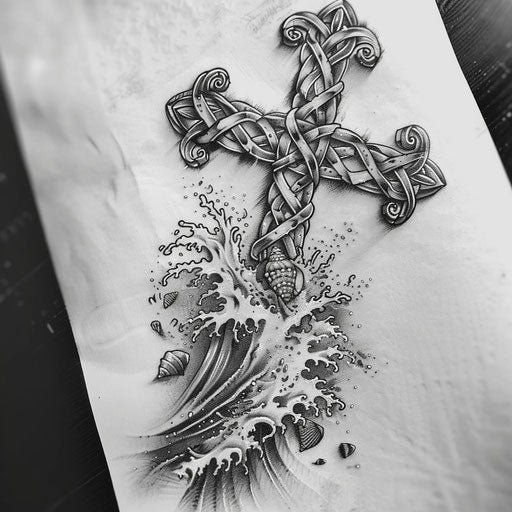 Nautical-themed Celtic cross tattoo