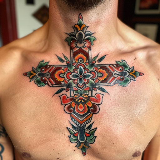 Vibrant traditional cross tattoo with cultural influences for men