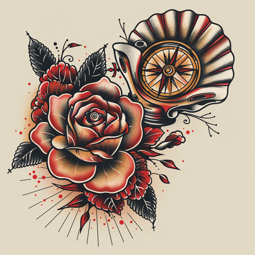 Traditional tattoo sketch of shell with roses and compass