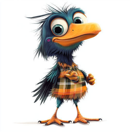 Humorous caricature of a cute bird with human characteristics