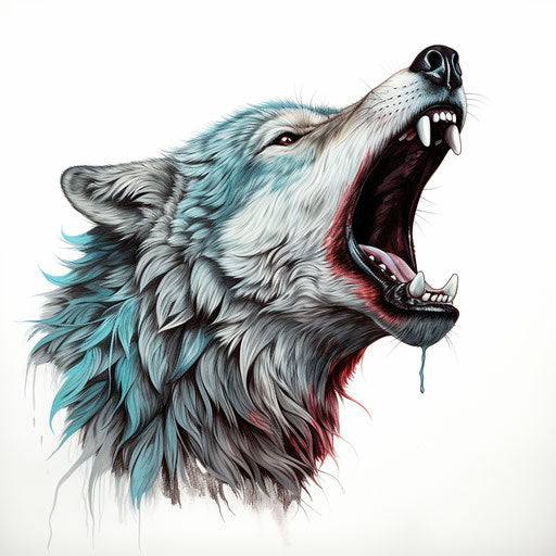 Wolf head howling on white background, realistic details