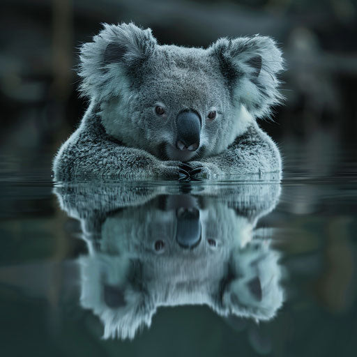 Reflection of a koala in water, serene and peaceful, high-resolution detail