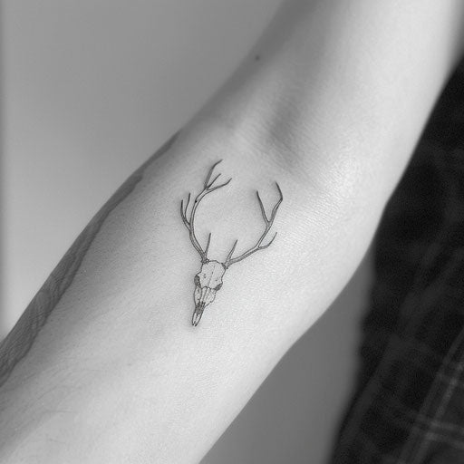 Minimalist line art deer skull tattoo, elegant and simple, on a clean white background.