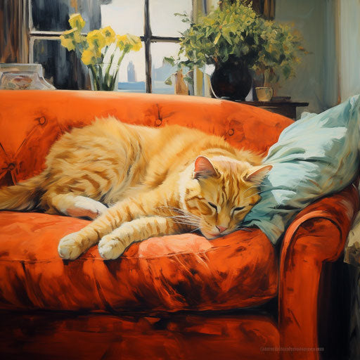 Orange cat sleeping on a couch