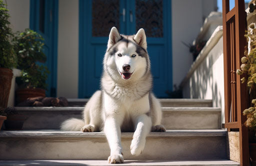 Siberian husky dog sitting on the steps of a house