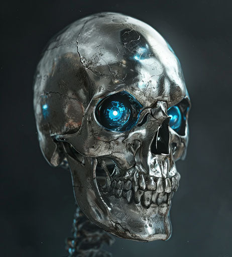 Silver skull with blue eyes in PS1 graphics style