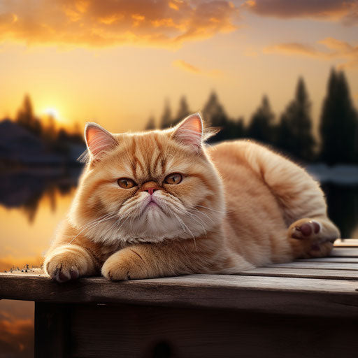 Exotic shorthair cat lying on a dock