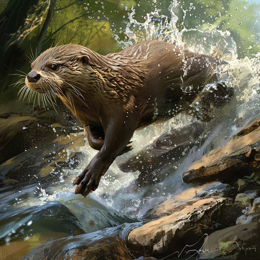 Otter leaping over river rocks