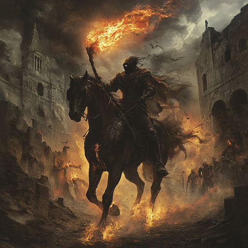 The headless horseman with a burning scythe galloping through an ancient battlefield strewn with ghostly figures and crumbling ruins