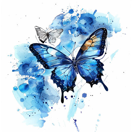 Blue butterfly with watercolor splashes