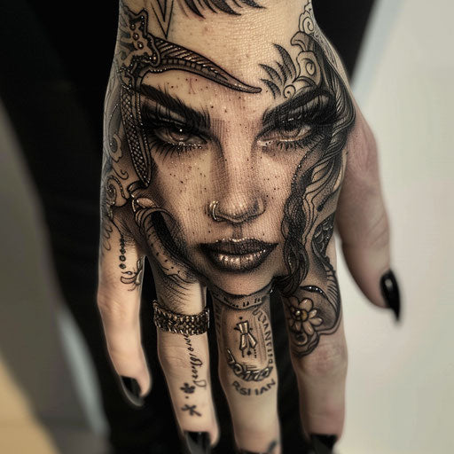 Finger tattoos for women in the style of David Palumbo with dark fantasy elements