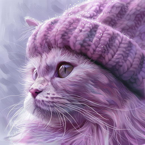 Pink cat in a white knitted hat 4k wallpaper