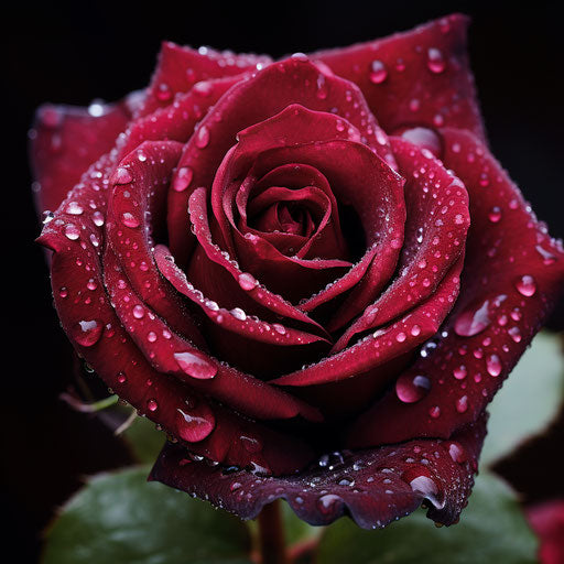 Red rose with water drops, in dark pink and dark maroon tones