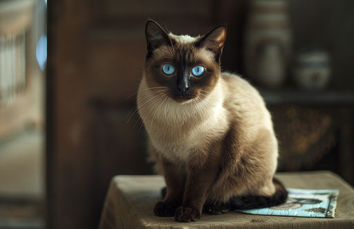Siamese cat with blue eyes on table, dark white/light brown style