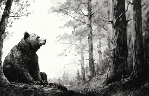 Bear sitting near branch in forest