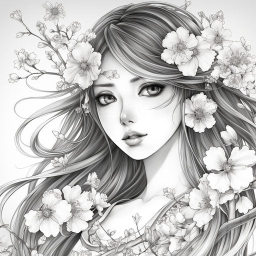 Black and white coloring page with flowers, cherry blossom style