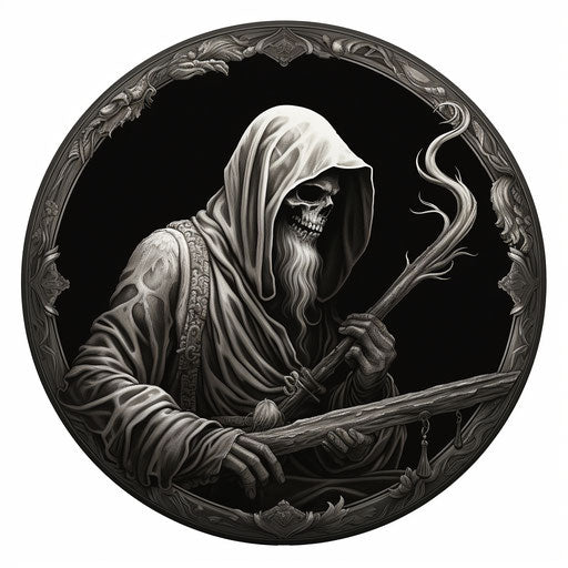 Black and white illustration of a grim shivering man with a scythe