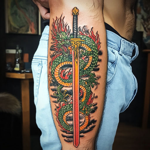 Dragon tattoos for men with a dragon coiling around a flaming sword